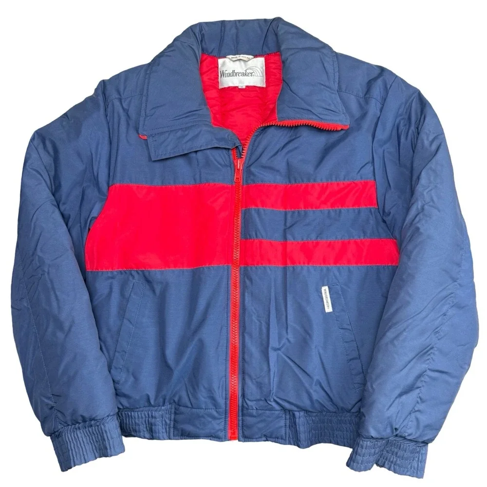 Vintage 80s Windbreaker Puffer Jacket Blue Red‎ Nylon Colorblock M